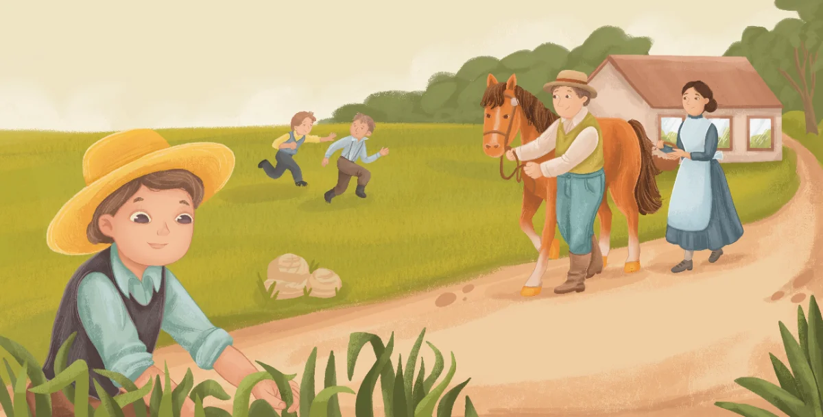 Young William Miller in a straw hat on the family farm, with children playing and a horse being led up the lane