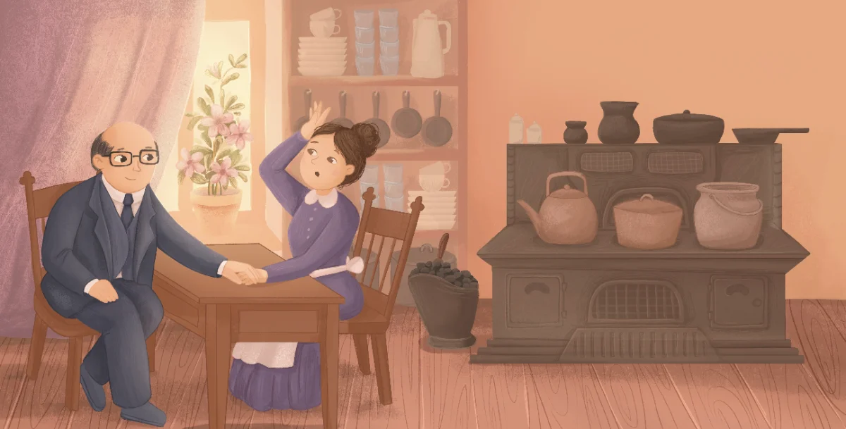 William and his wife holding hands at the kitchen table beside the wood stove