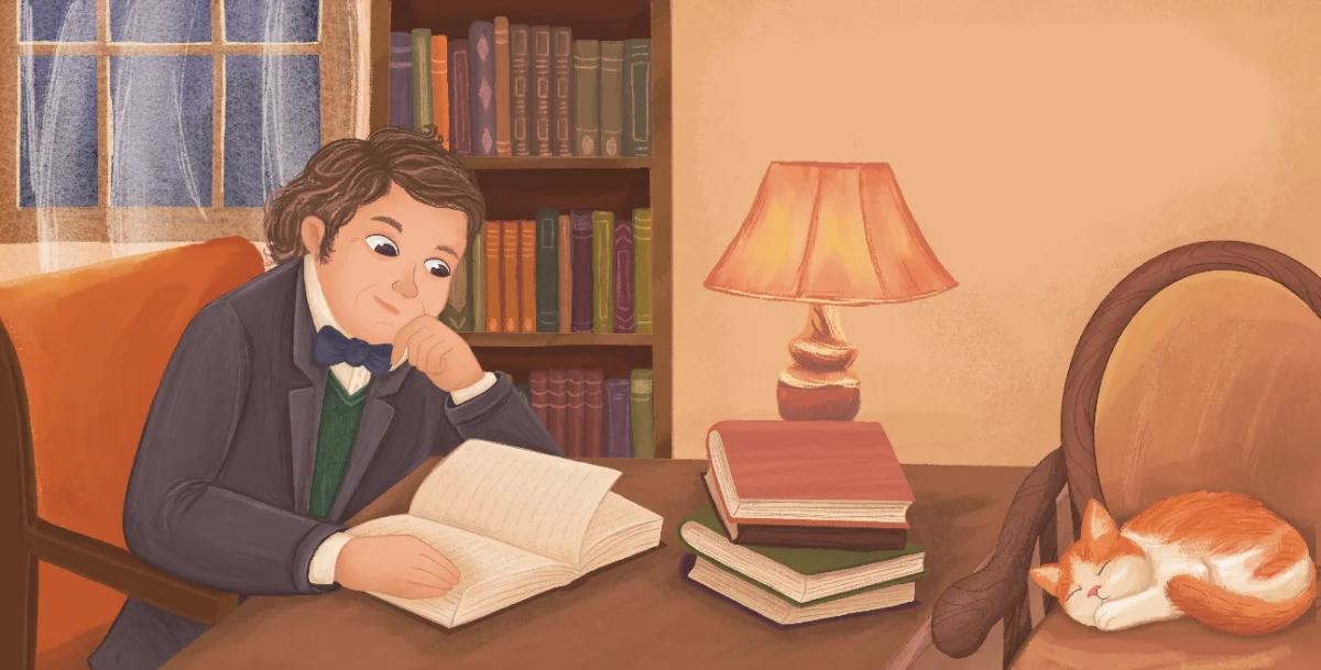 William Miller studying a thick book by lamplight in his library, a cat asleep on the chair beside him