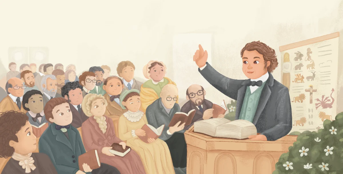 William Miller preaching to a crowded meeting beside a prophecy chart
